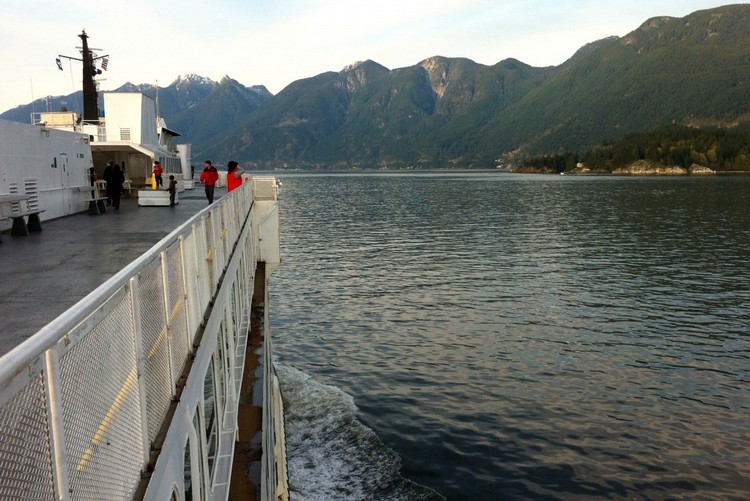 Upper deck of BC Ferries with North Shore mountains and Howe sound, best day trips from Vancouver, British Columbia for tourists