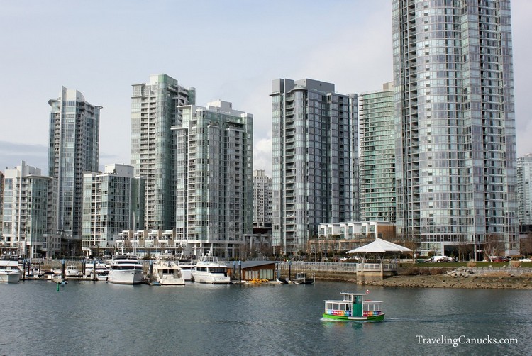 Day trips from Vancouver British Columbia Canada, buildings in Yaletown and downtown Vancouver at False Creek with little aquabus 