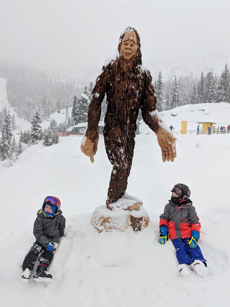 fresh snow in front of the big Sasquatch statue at Sasquatch Mountain Resort in British Columbia