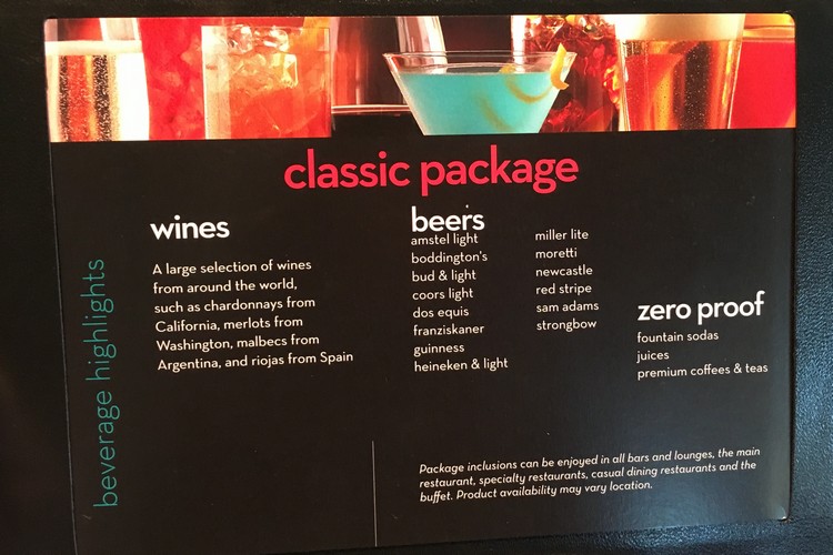 menu of alcohol classic package celebrity eclipse cruise ship