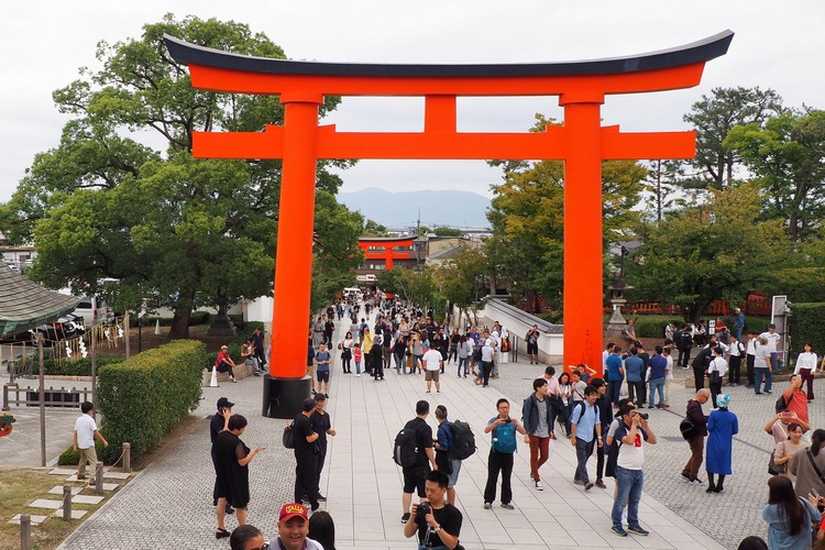 Giant torii gate at the entrance to Fusimi Inari Shrine in Kyoto.
