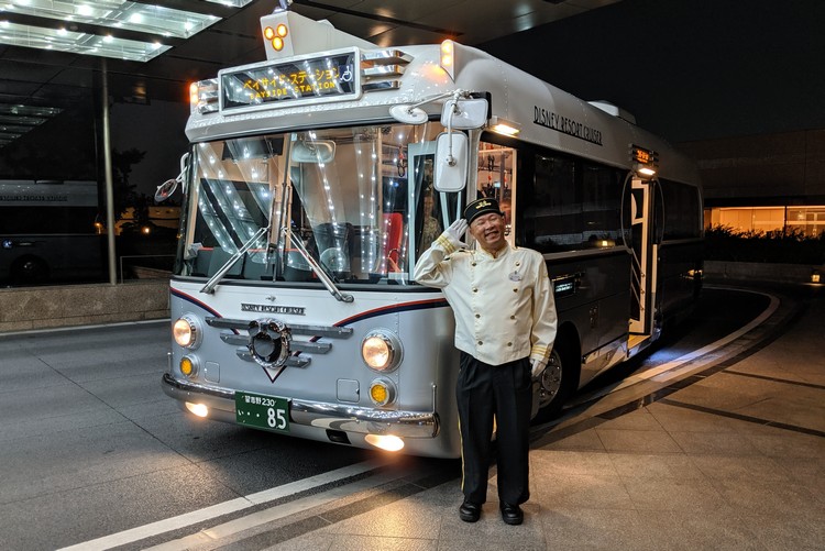 Disney resort cruiser shuttle bus to Bayside station on the Disney Resort Line in Tokyo, Japan