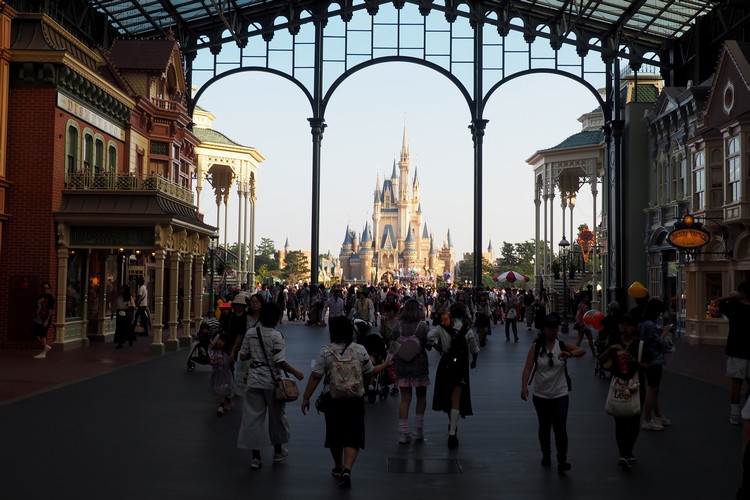 View Inside the World Bazaar at Tokyo Disneyland with Disney castle in the distance. 