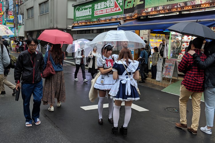 maid cafe girls in costume on street of Akihabara Tokyo Japan