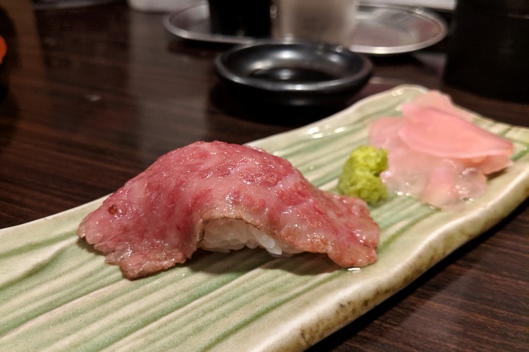 Kobe beef sushi at ramen restaurant in Kobe, Japan
