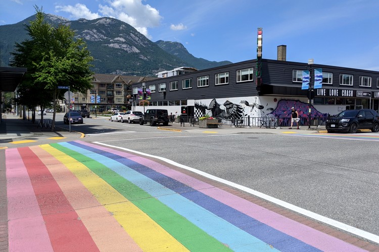 Rainbow crosswalk in downtown Squamish British Columbia