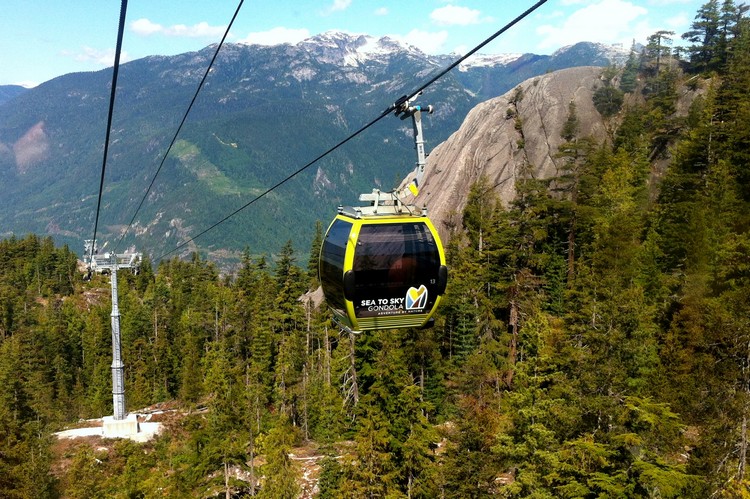 gondola traveling up the mountain at Sea-to-Sky Gondola in Squamish, Sea to Sky Highway attractions