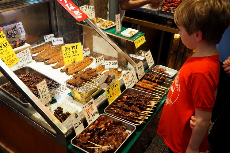 Unique Japanese food at Nishiki Market in Kyoto, interesting food in Japan