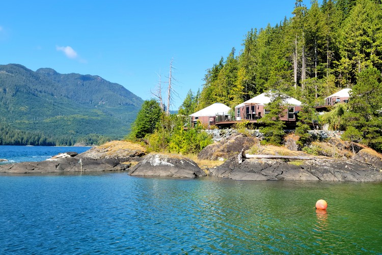 waterfront yurts at Moutcha Bay Resort on Nootka Sound, west coast of Vancouver Island in British Columbia, Canada