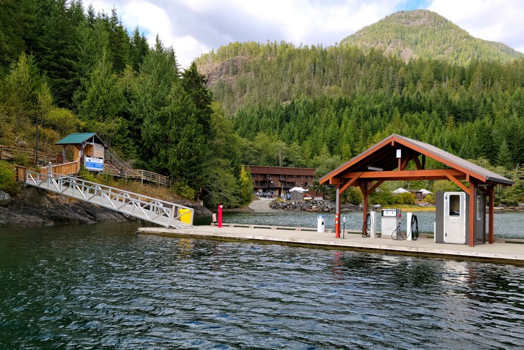 view of the main building at Moutcha Bay Resort in Nootka Sound