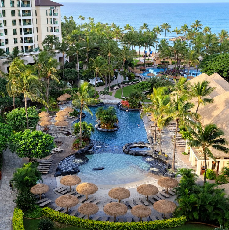 View of outdoor pools at Marriott Ko Olina Beach Club, Oahu, Hawaii hotel 