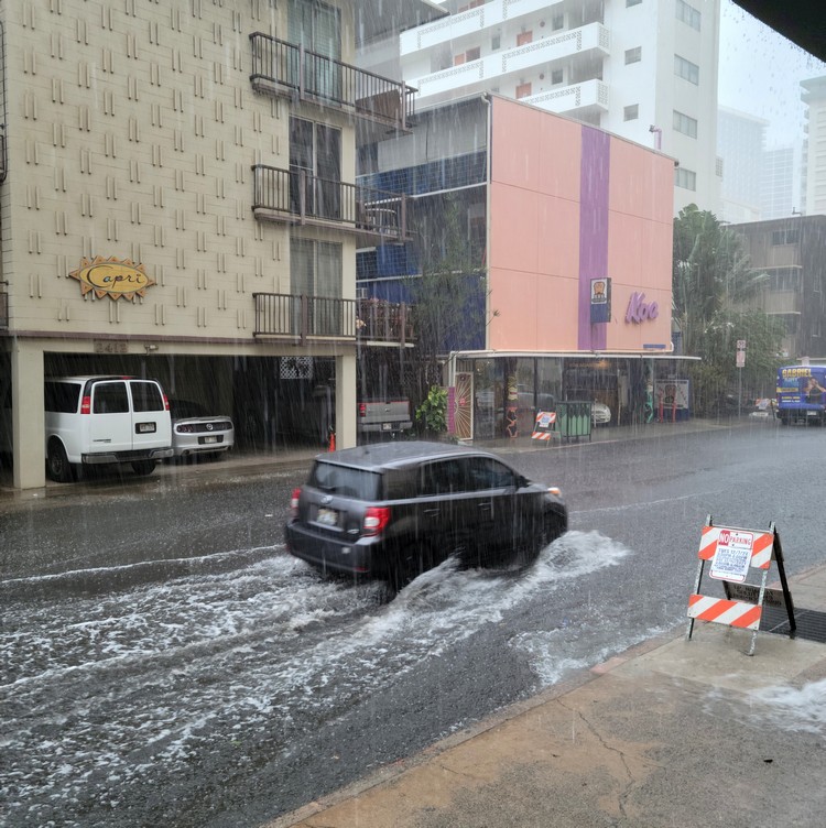 street flooding at Waikiki Beach in Honolulu Oahu