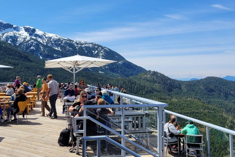 patio seating at Sky Pilot restaurant on Sea to Sky Gondola Summit Lodge, Squamish attractions, British Columbia travel