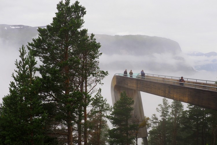 Stegastein viewpoint in Aurland on a foggy morning with limited views of fjords and mountains