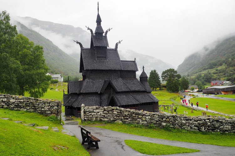 Borgund stavkyrkje, wooden stave church in Norway with cemetery, top Norway tourist attraction