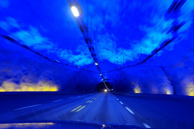 Lærdalstunnelen tunnel in Norway blue lights in the cavern longest road tunnel in the world at 245 km