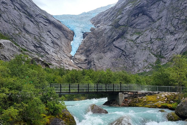 View of Briksdal glacier and lake at Briksdalsbreen in Jostedalsbreen National Park, Norway
