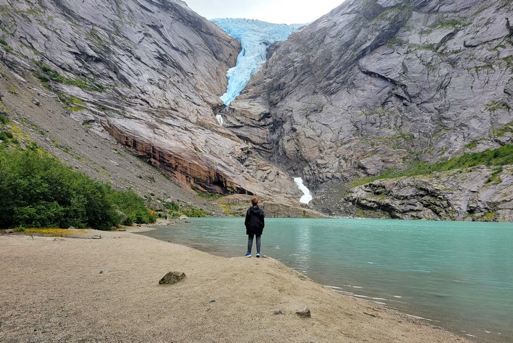 View of Briksdal glacier and lake at Briksdalsbreen in Jostedalsbreen National Park Norway tourist attraction