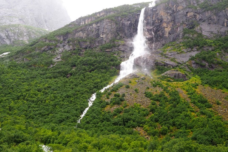 Mountain waterfall at Briksdalsbreen in Jostedalsbreen National Park Norway