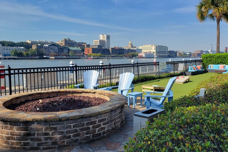 Fire pit and outdoor seating at the Westin Savannah Resort. Nice views of the Savannah river and downtown Savannah.