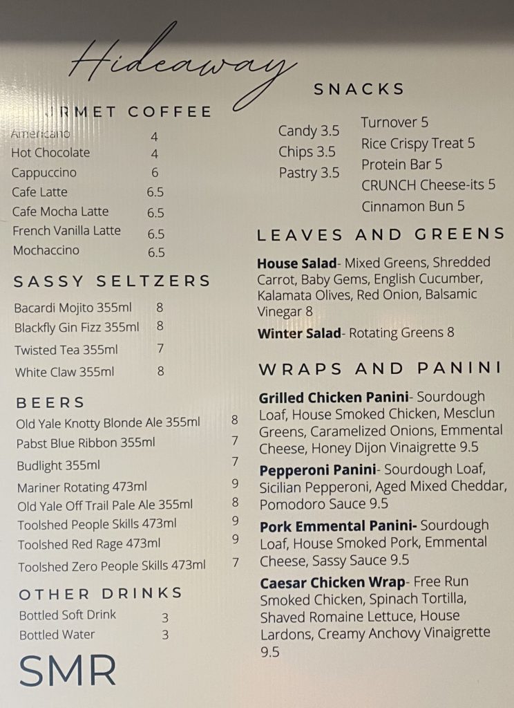 Hideaway menu at Sasquatch Mountain Resort 