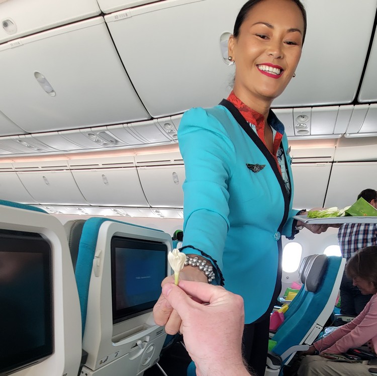 Flight attendant on air tahiti nui flight from seattle to papeete