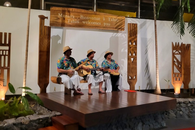 musicians at arrivals section of Tahiti International Airport in French Ploynesia