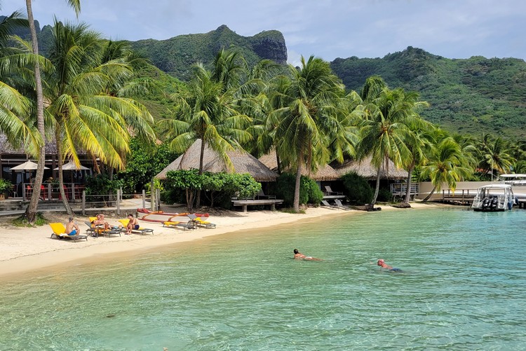 lagoon and beach at Manava Beach Resort Moorea, surrounded by palm trees and lush green mountains