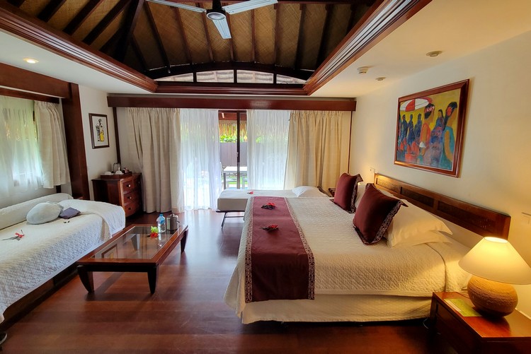 inside the garden pool bungalow suite at Manava Beach Resort Moorea luxury hotel 