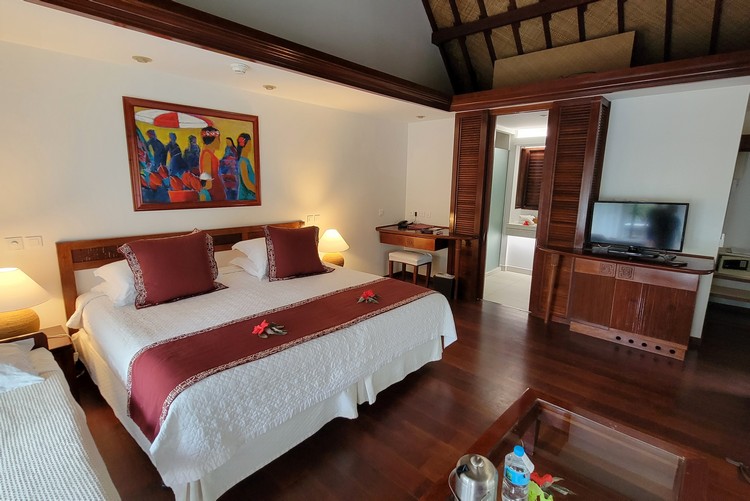 inside the garden pool bungalow suite at Manava Moorea Resort, French Polynesia