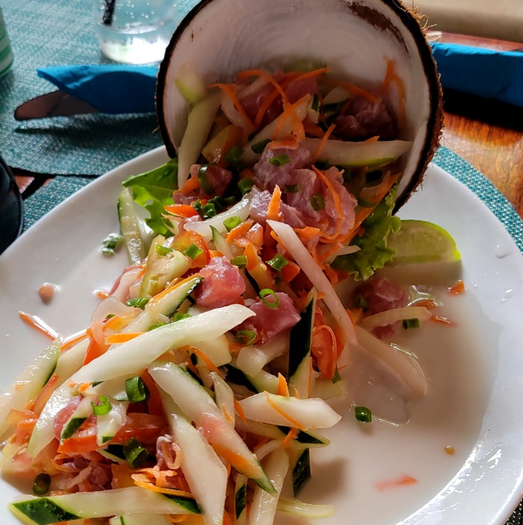Poisson cru à la tahitienne at Manava Moorea resort restaurant, popular raw tuna dish in Moorea French Polynesia