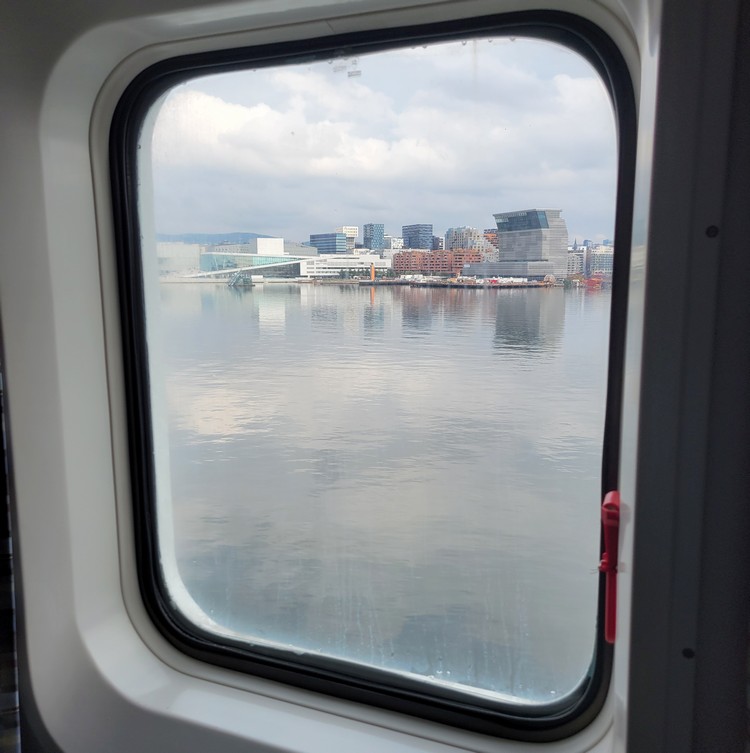 View of Oslo Harbour from inside the seaview cabin DFDS ferry from Copenhagen to Oslo