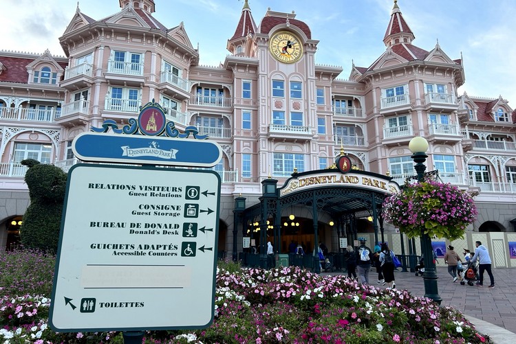 Disneyland Paris park entrance with pink hotel
