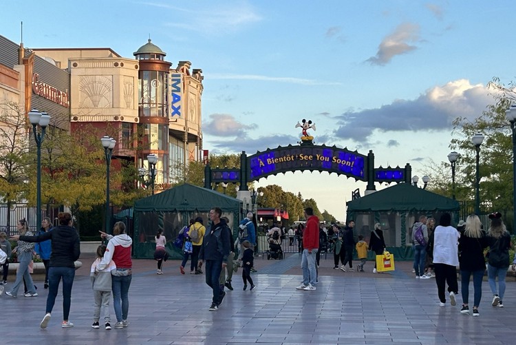 Exit sign for Disney Village at Disneyland Paris