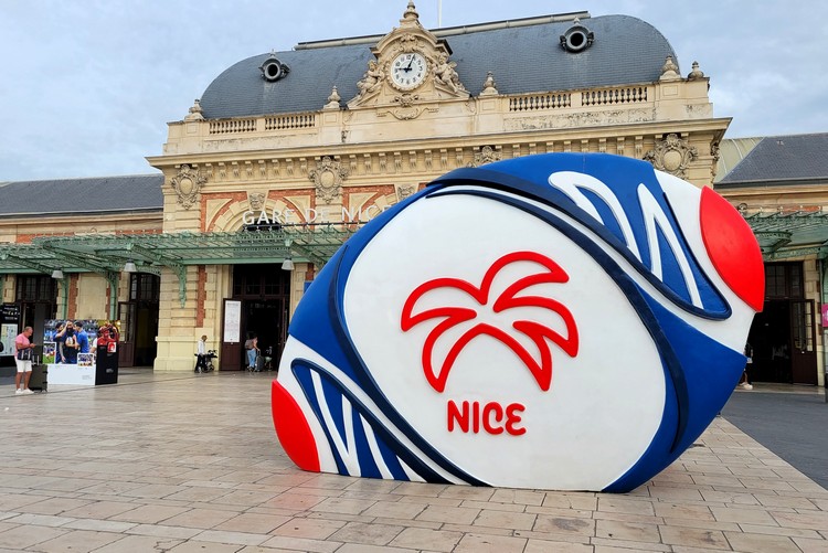 Nice rugby sign outside of Nice Ville train station during France Rugby World Cup