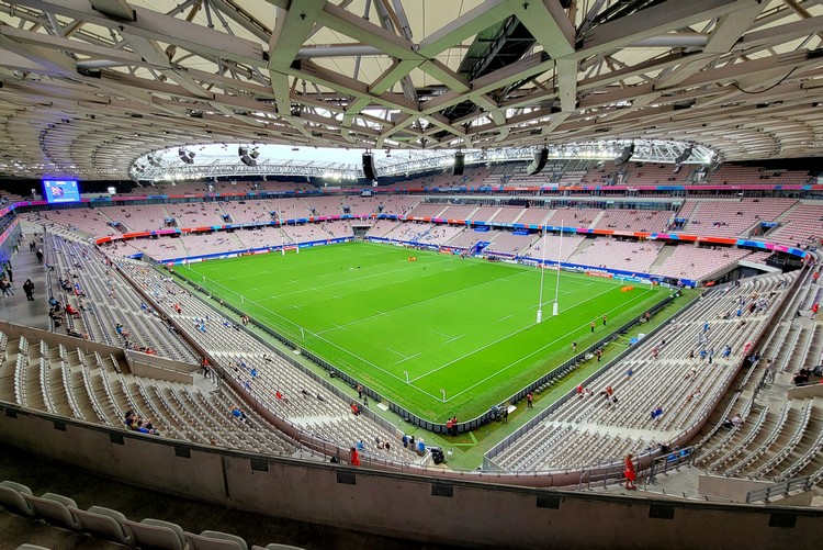 wide angle view of inside of Allianz Riviera stadium, also also known as Stade de Nice, France Rugby World Cup