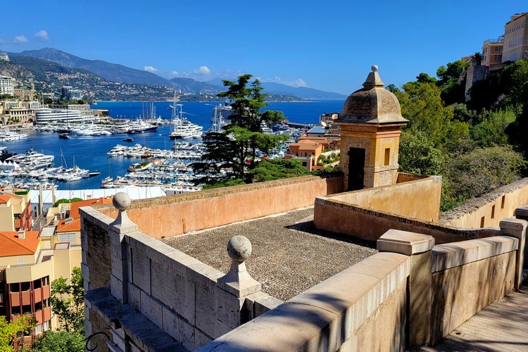 fort tower on the path up to Prince's Palace of Monaco with views of Hercules Port and Monaco Harbour