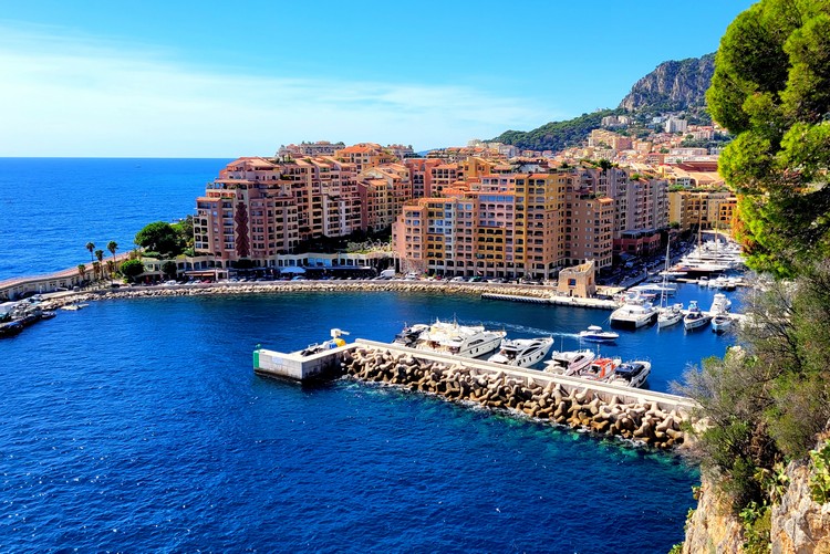 Harbour views and waterfront buildings at Port of Fontvieille viewpoint from The Rock of Monaco