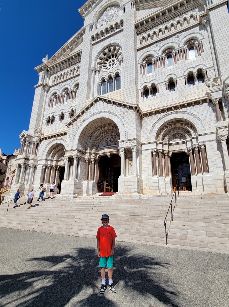 Exterior of Cathédrale de Monaco, Saint Nicholas Cathedral, a Romanesque Catholic cathedral dedicated to Saint Nicholas, dating from the 19th century, located on The Rock of Monaco tourist attractions