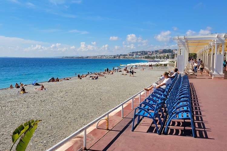 The iconic blue chairs on Promenade de Anglais in Nice, France
