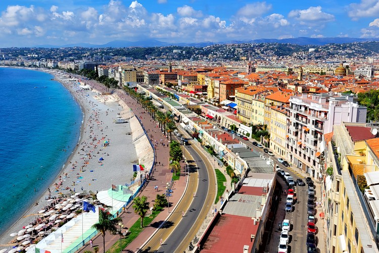 view of the beach and Old Town from Castle Hill in Nice, France
