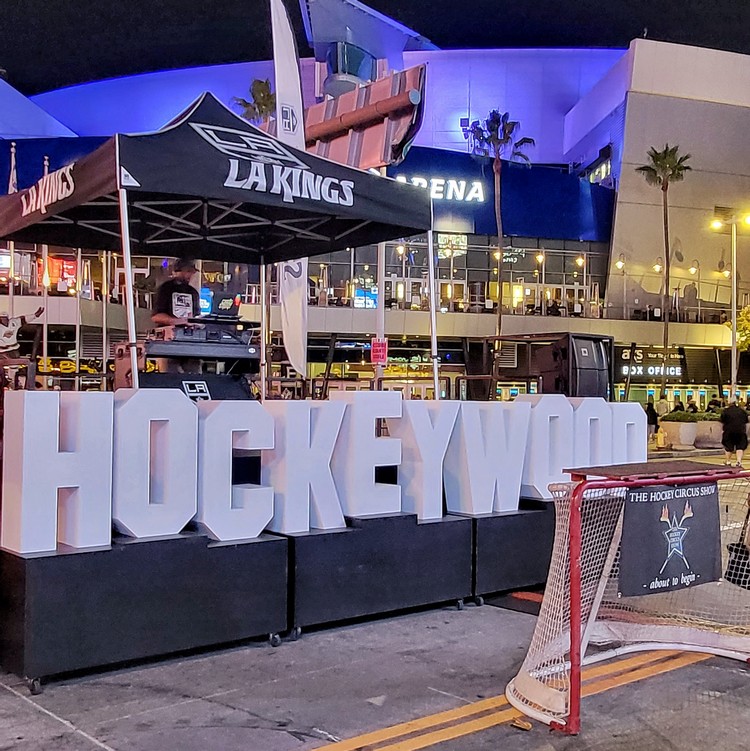 Hockeywood entertainment at LA Live for LA Kings hockey game at Cryptocom arena in downtown Los Angeles