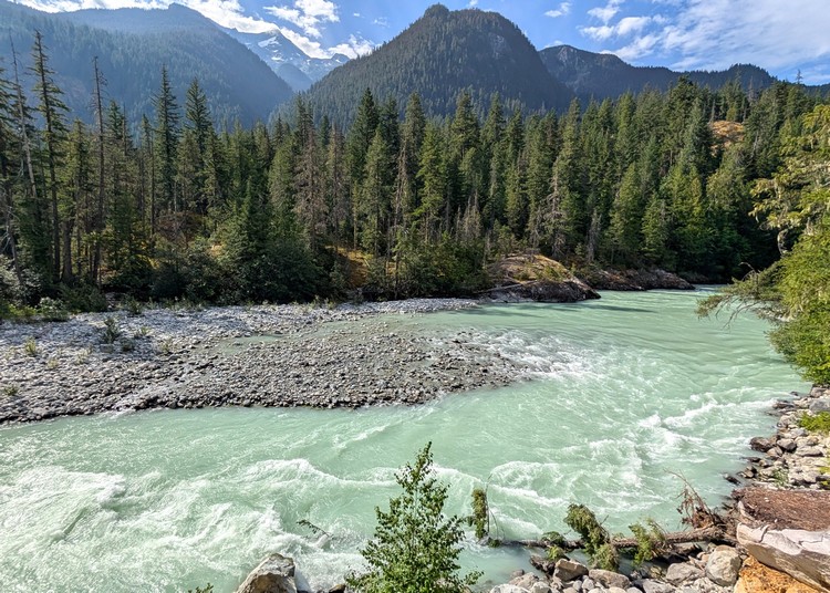 Mountain views and Green RIver at Nairn Falls Provincial Park near Pemberton, British Columbia, Canada