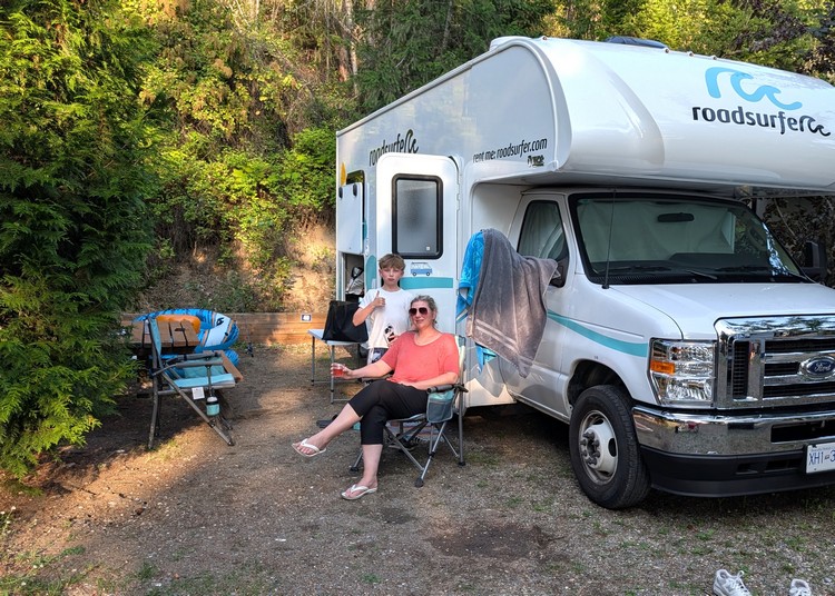 Our campsite at Finz Resort RV campground, Roadsurfer RV Rental from Vancouver British Columbia