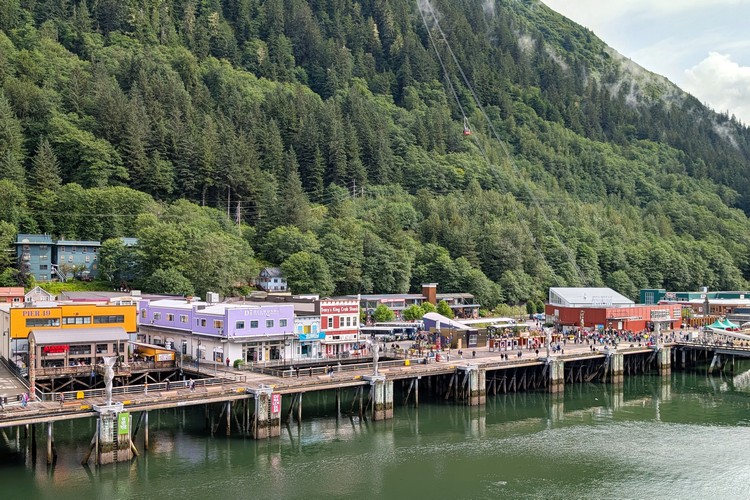colourful wooden buildings and boardwalk on Juneau's waterfront, Alaska cruise