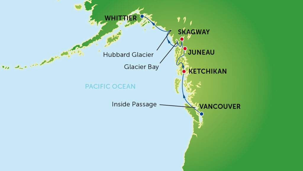 Map that shows the location of Hubbard Glacier and Glacier Bay on Alaska Cruise Inside Passage